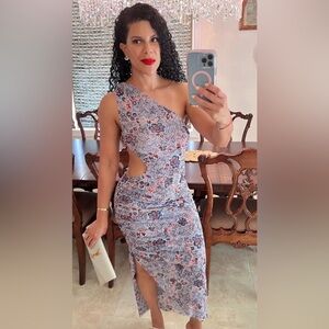 MISA Aries Mesh Cut Out Midi Dress in Feathered Floral Blue Size XL NWT